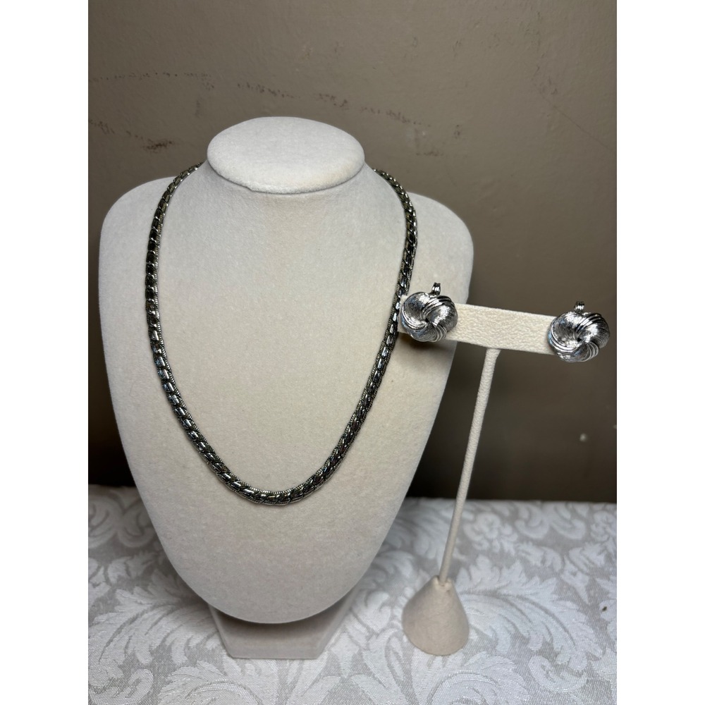Sarah Coventry Silvery Cascade 16" Necklace & Signed Monet Clip On Earrings VTG